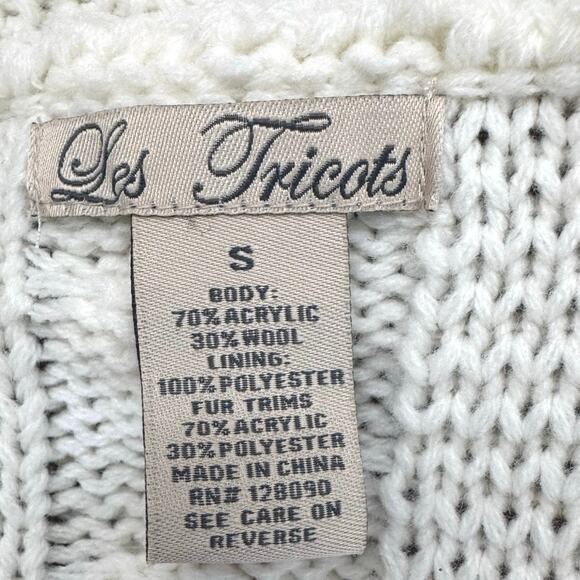 Vintage Les Tricots Faux Fur Wool Blend Cableknit Sweater Vest Sz S Tie Y2K Boho - Picture 3 of 5
